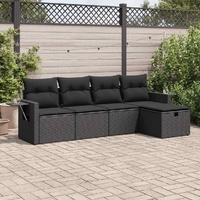 5 Piece Garden Sofa Set with Cushions Black Poly Rattan