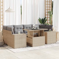 7 Piece Garden Sofa Set with Cushions Beige Poly Rattan