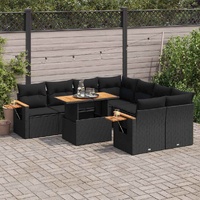 9 Piece Garden Sofa Set with Cushions Black Poly Rattan Acacia