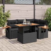 4 Piece Garden Sofa Set with Cushions Black Poly Rattan Acacia