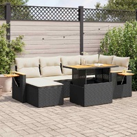 7 Piece Garden Sofa Set with Cushions Black Poly Rattan Acacia