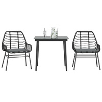 3 Piece Garden Dining Set with Cushions Black Poly Rattan Glass