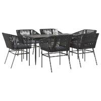 7 Piece Garden Dining Set with Cushions Black Poly Rattan Glass