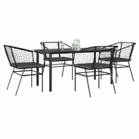 5 Piece Garden Dining Set with Cushions Black Poly Rattan Glass