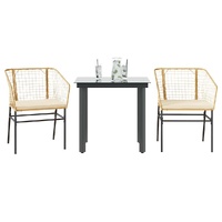 3 Piece Garden Dining Set with Cushions Brown Poly Rattan Glass