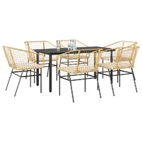 7 Piece Garden Dining Set with Cushions Brown Poly Rattan Glass