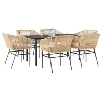 7 Piece Garden Dining Set with Cushions Brown Poly Rattan Glass