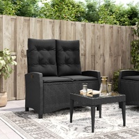 Reclining Garden Bench with Cushions Black Poly Rattan