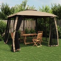 Gazebo with Double Roof&Mesh Walls Taupe 2.93x2.93 m Steel