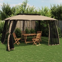 Gazebo with Double Roof&Mesh Walls Taupe 3.93x2.93 m Steel