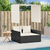Double Sun Lounger with Roof and Curtains Black Poly Rattan