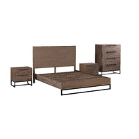 4 Pieces Bedroom Suite made in Solid Wood Acacia Veneered Queen Size Oak Colour Bed, Bedside Table & Tallboy