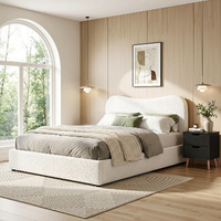 Artiss Double Bed Frame and Bedside Table Set Boucle Beige with Headboard Black Nightstand