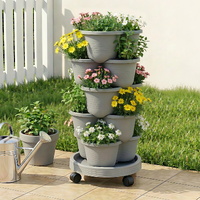 Green Fingers 5 Tier Vertical Garden Planter, Stackable Planters with 4 Wheels, Grey, Raised Garden Bed, Garden Tower Indoor Outdoor, Auto Drainage Sy