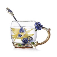 Hand Made Enamel daisy Flower Glass Coffee Mug Tea Cup Spoon Gift Idea Blue