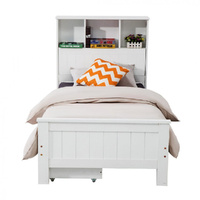 Weetulta Solid Pine Timber Bed Frame with Bookshelf Storage Headboard- White