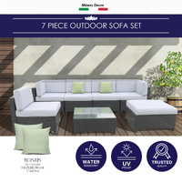 Milano Outdoor 7 Piece Rattan Sofa Set - Black Coating & Grey Seats