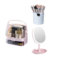 2 Tier Countertop Cosmetic Makeup Brush Lipstick Holder Organiser and 20cm Rechargeable LED Light Tabletop Mirror Set