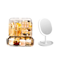 Transparent Cosmetic Storage Skincare Holder and 20cm White Rechargeable LED Light Makeup Tabletop Mirror Set