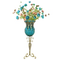 85cm Glass Tall Floor Vase and 12pcs Blue Artificial Fake Flower Set