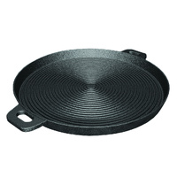 34cm Round Ribbed Cast Iron Frying Pan Skillet Steak Sizzle Platter with Handle
