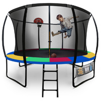 UP-SHOT Round Kids Trampoline with Curved Pole Design, Basketball Set and Sprinkler Accessory, Black and Multi-colour