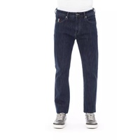 Logo Button Regular Man Jeans with Tricolor Insert and Contrast Stitching Men