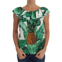Cap Sleeve Blouse Top with Ruffled Neckline and Sequined Pineapple Embroidery Women