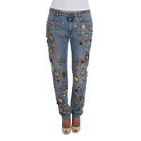 Blue Wash Crystal Heart Roses Embellished Enchanted Sicily Boyfriend Fit Jeans Women