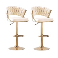 2x Height Velvet Padded Golden Round Base Barstools Chairs