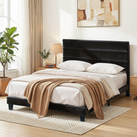 Bed Frame Upholstered Platform Base with Geometric Headboard Velvet Black