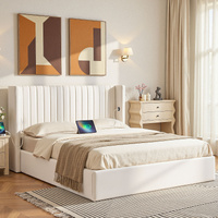 Bed Frame with Gaslift Storage USB Type-C Charging Ports Velvet Upholstery White