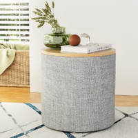 Storage Ottoman Blanket Box Linen Round Grey