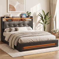 Bed Frame with Gas Lift Storage LED Lights Charging Station Headboard with Open Shelf