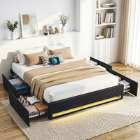 Bed Frame with Storage Drawers RGB Lights Charging Station Upholstered Fabric