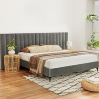Bed Frame Bed Base w Oversized Headboard Velvet Fabric Grey