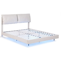 Bed Frame RGB LED Floating Beds Adjustable Headboard Beige White