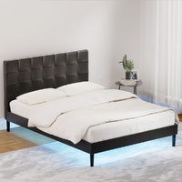 Bed Frame Bed Base w LED Lights Charge Ports Leather RAVI Black