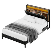 Bed Frame LED Storage Headboard with Charging Station Black