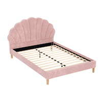 Bed Frame Scallop-Shape Bedhead Beds Base Velvet Fabric Pink