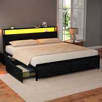 Metal Bed Frame Storage Headboard Charge Station LED 4 Drawers