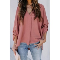 Azura Exchange V Neck 3/4 Sleeve High Low Hem Shirt