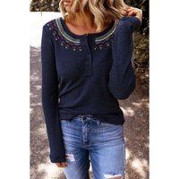 Azura Exchange Embroidered Navy Blue Waffle Top