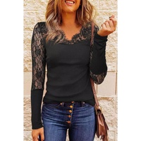 Azura Exchange Lace Splicing Ribbed Long Sleeve Top