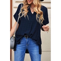 Azura Exchange Navy Plaid Print V Neck Short Sleeve Shirt