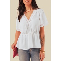 Azura Exchange V-Neck Lace Splicing Short Sleeve Blouse