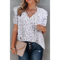 Azura Exchange Floral Print Smocked Ruffled V Neck T-shirt