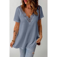 Azura Exchange Lace Crochet Waffle Knit Ruffled V Neck Top