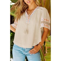 Azura Exchange Tassel Drawstring Embroidered V Neck Top