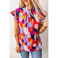 Azura Exchange Ruffle Cap Sleeve Frill Mock Neck Printed Top